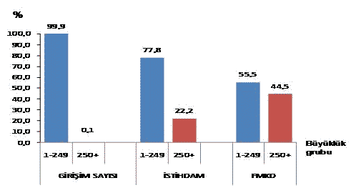 Büyüklük grubuna göre girişim sayısı, istihdam ve faktör maliyetiyle katma değerin (FMKD) dağılımı (%) b123i001.png